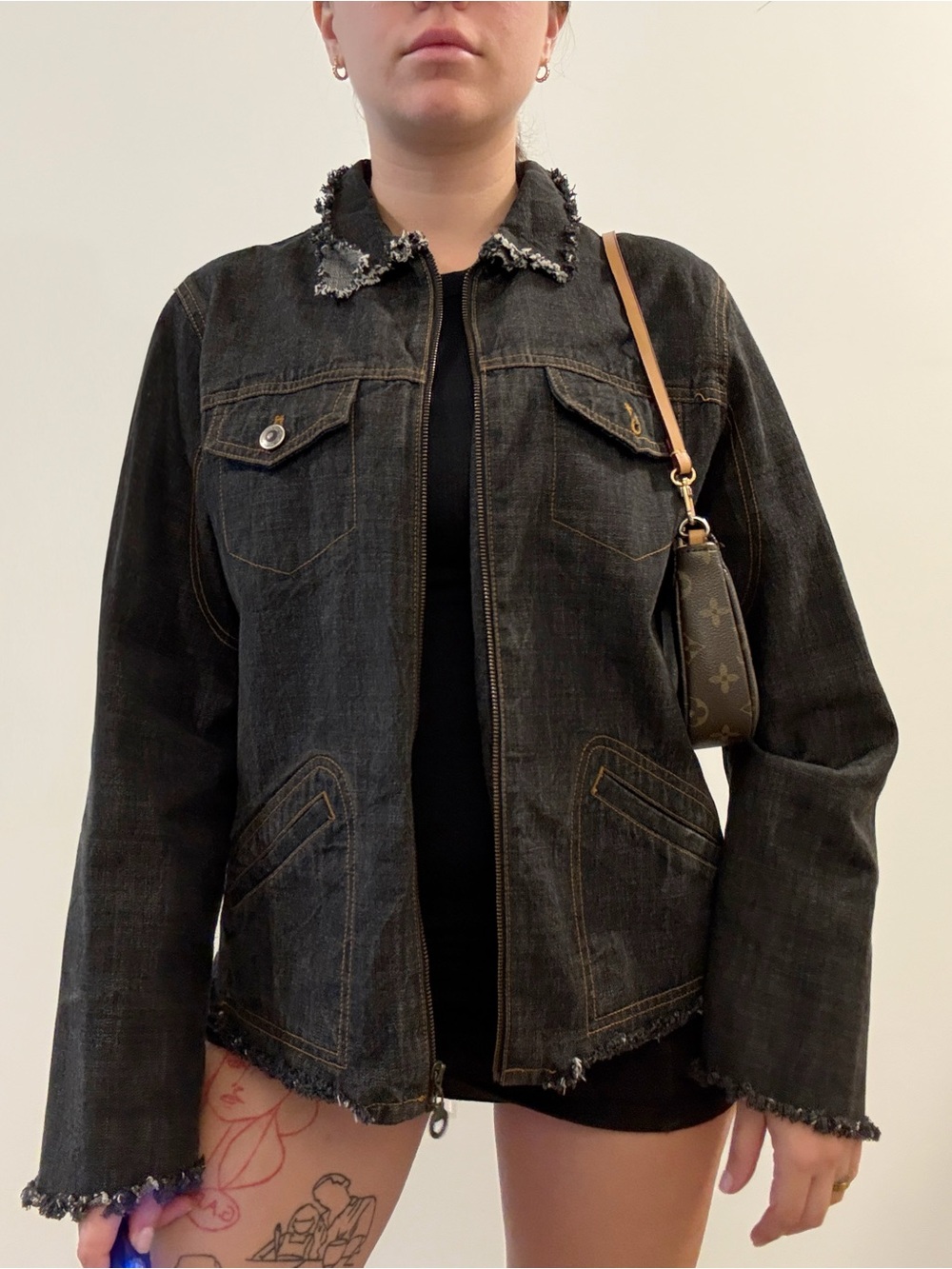 Black Denim Zip-Front Jacket with Distressed Trim